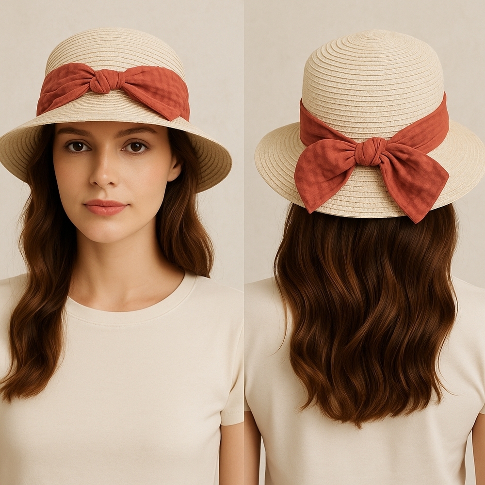 Jendi Straw Sun Hat with Rust/Orange Wrap Bow – One Size